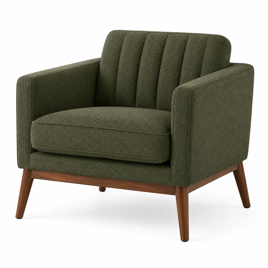 Fauteuil rétro en tissu bouclette vert avec pieds en bois, dimensions 85x82x88 cm, par Aqvirel.