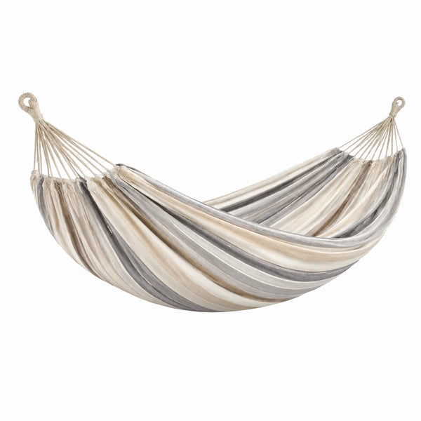 Hamac en coton beige gris de 200x100 cm avec rayures, suspendu pour jardin, par Aqvirel, confortable et idéal pour l'extérieur.