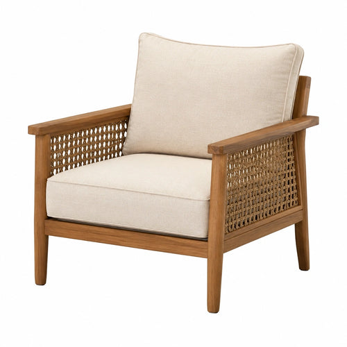 Fauteuil Aqvirel en bois brun avec fibres tressées et assise beige, style naturel, dimensions 76x80x84 cm.