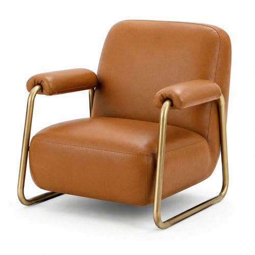 Fauteuil Aqvirel en revêtement aspect cuir marron avec structure métallique dorée, style contemporain, dimensions 75x82x86 cm
