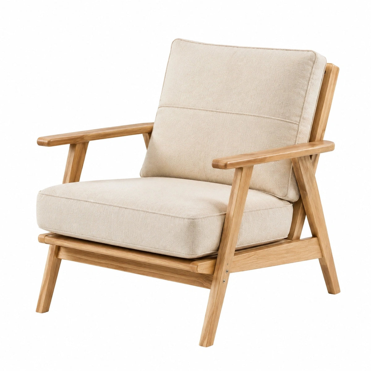 Fauteuil en bois et tissu beige style scandinave, dimensions 70x82x88 cm, design moderne et élégant.