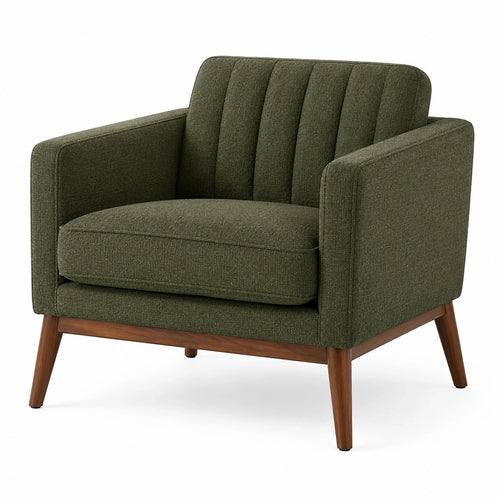 Fauteuil rétro en tissu bouclette vert avec pieds en bois, dimensions 85x82x88 cm, par Aqvirel.