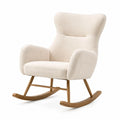 Fauteuil à bascule Aqvirel en tissu bouclette beige avec pieds en bois, style scandinave, dimensions 75x90x104 cm.