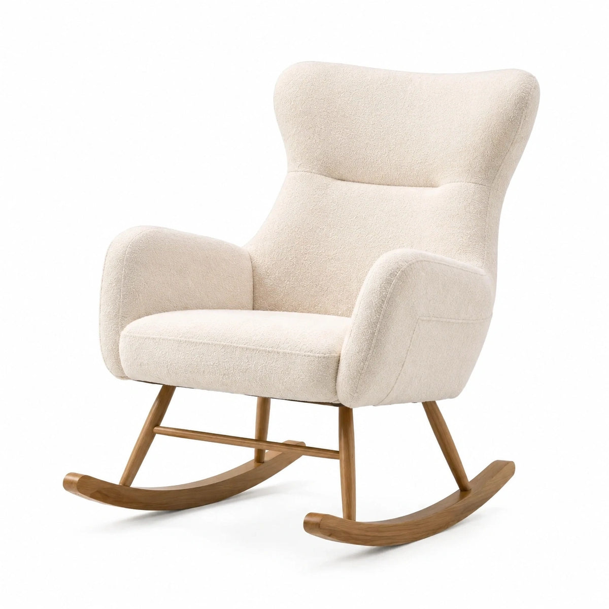 Fauteuil à bascule Aqvirel en tissu bouclette beige avec pieds en bois, style scandinave, dimensions 75x90x104 cm.