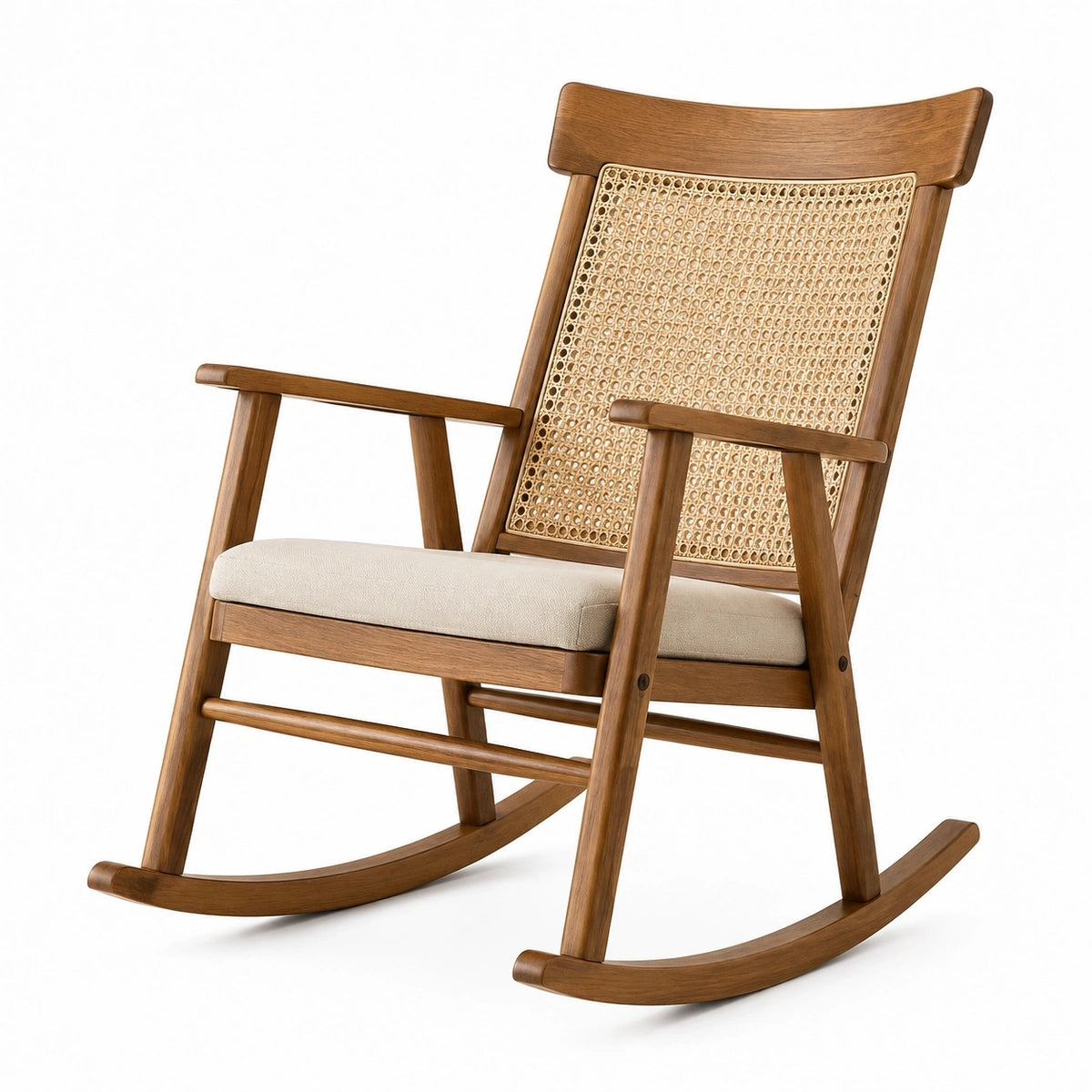 Fauteuil à bascule en bois marron avec cannage naturel, style rétro, dimensions 100x65x110 cm, par Aqvirel.
