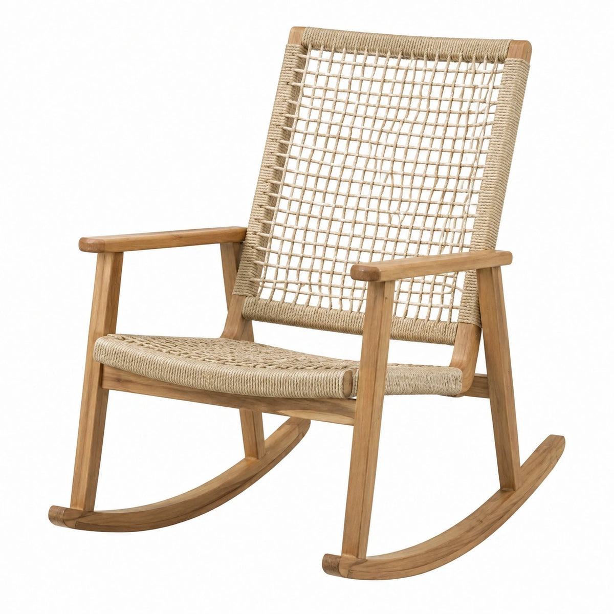 Fauteuil à bascule en bois naturel et corde tressée, style bohème, dimensions 95x70x100 cm, par Aqvirel.