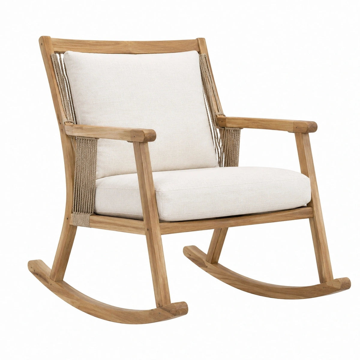 Fauteuil à bascule bohème Aqvirel en bois et corde beige, dimensions 70x95x100 cm, style confortable et élégant.