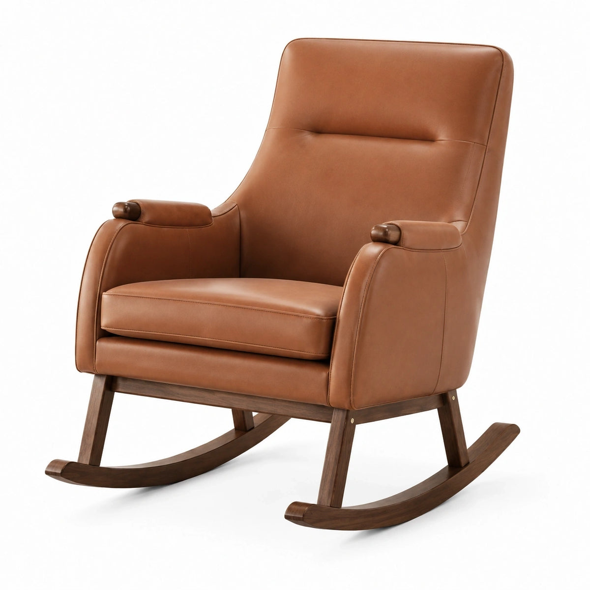 Fauteuil à bascule Aqvirel en cuir marron et bois, style contemporain, dimensions 75x92x105 cm, assise confortable.