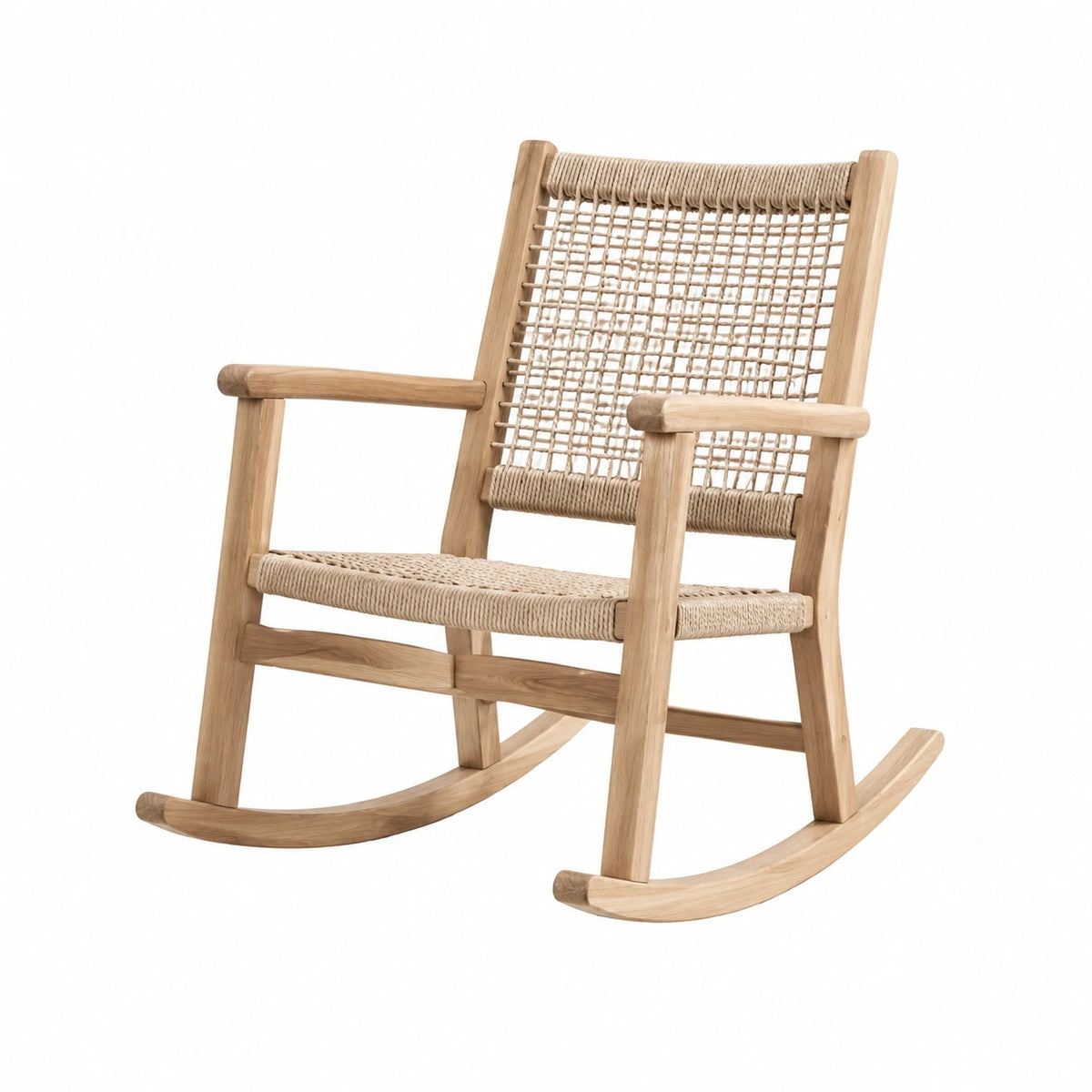 Fauteuil à bascule en bois naturel et corde tressée, style bohème, dimensions 90x68x105 cm, par Aqvirel.