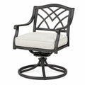 Fauteuil de jardin pivotant Aqvirel en métal noir, coussin beige, dossier ajouré, dimensions 65x68x98 cm.