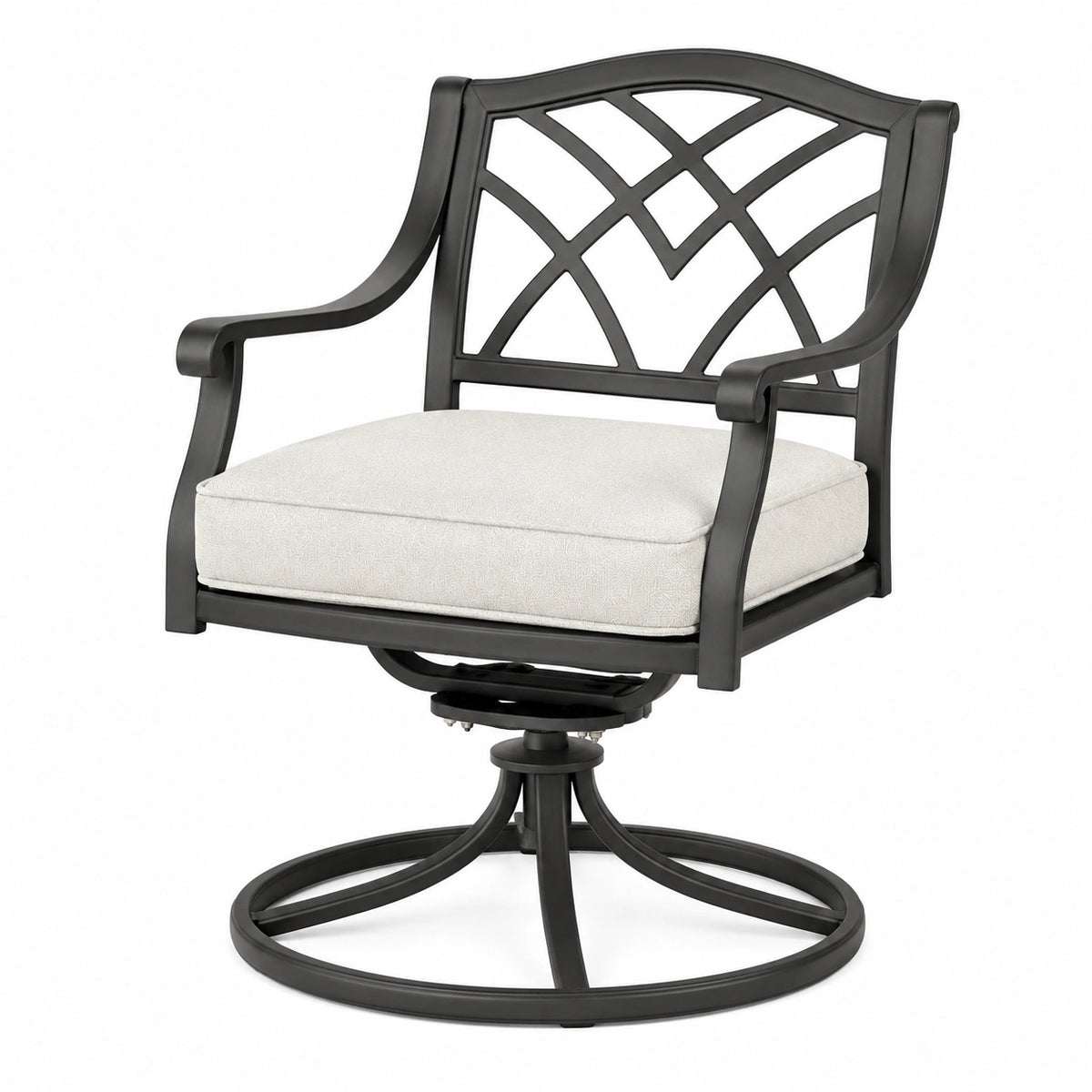 Fauteuil de jardin pivotant Aqvirel en métal noir, coussin beige, dossier ajouré, dimensions 65x68x98 cm.