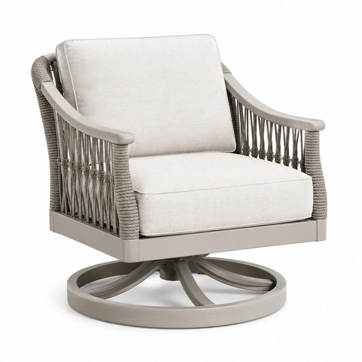 Fauteuil de jardin pivotant Aqvirel en métal et corde taupe, dimensions 76x82x88 cm, design contemporain, assise confortable.