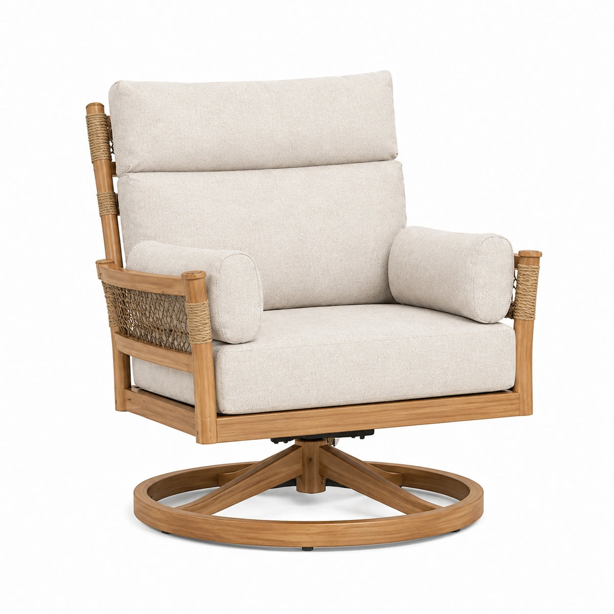 Fauteuil pivotant en bois et textile beige, style naturel, dimensions 82x87x98 cm, par Aqvirel.