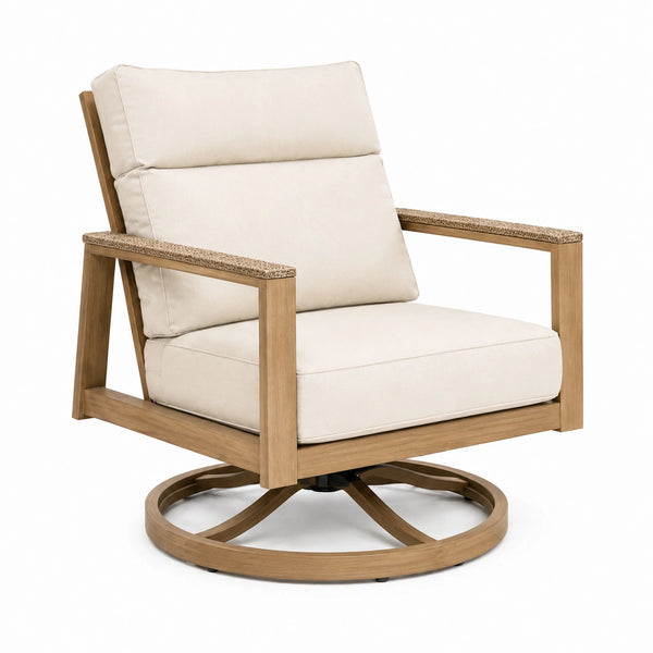 Fauteuil pivotant de jardin Aqvirel en bois beige et marron, style contemporain, dimensions 82x78x88 cm, confort et élégance.