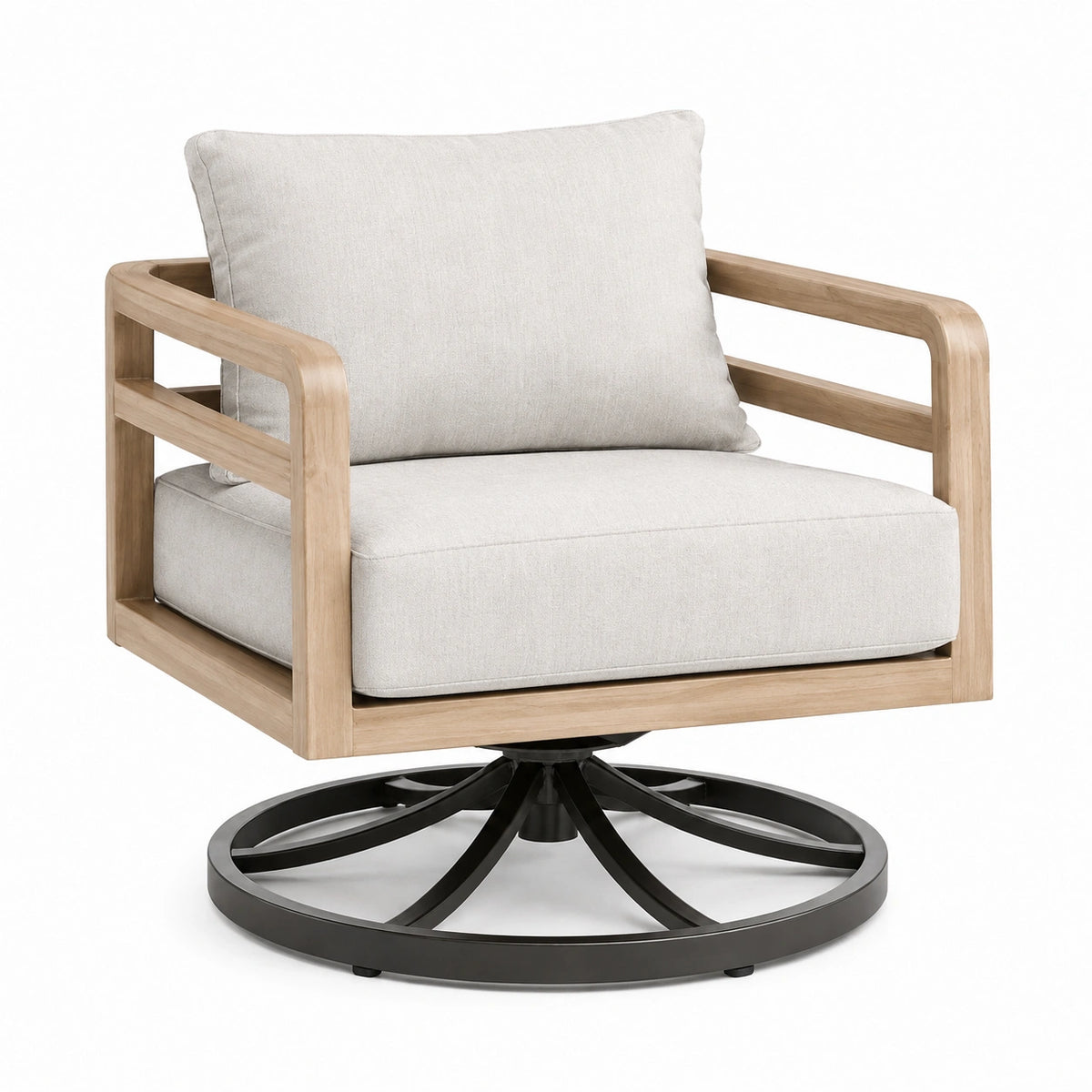 Fauteuil de jardin pivotant Aqvirel en bois naturel et tissu beige, style contemporain, dimensions 85x85x86 cm.