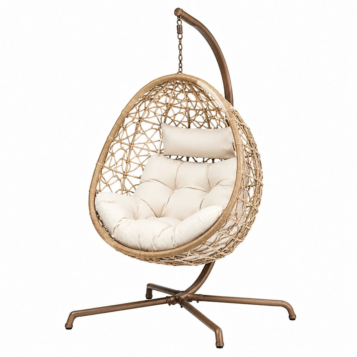 Fauteuil suspendu beige en fibre tressée avec support métallique, style bohème, dimensions 105x105x195 cm, marque Aqvirel.