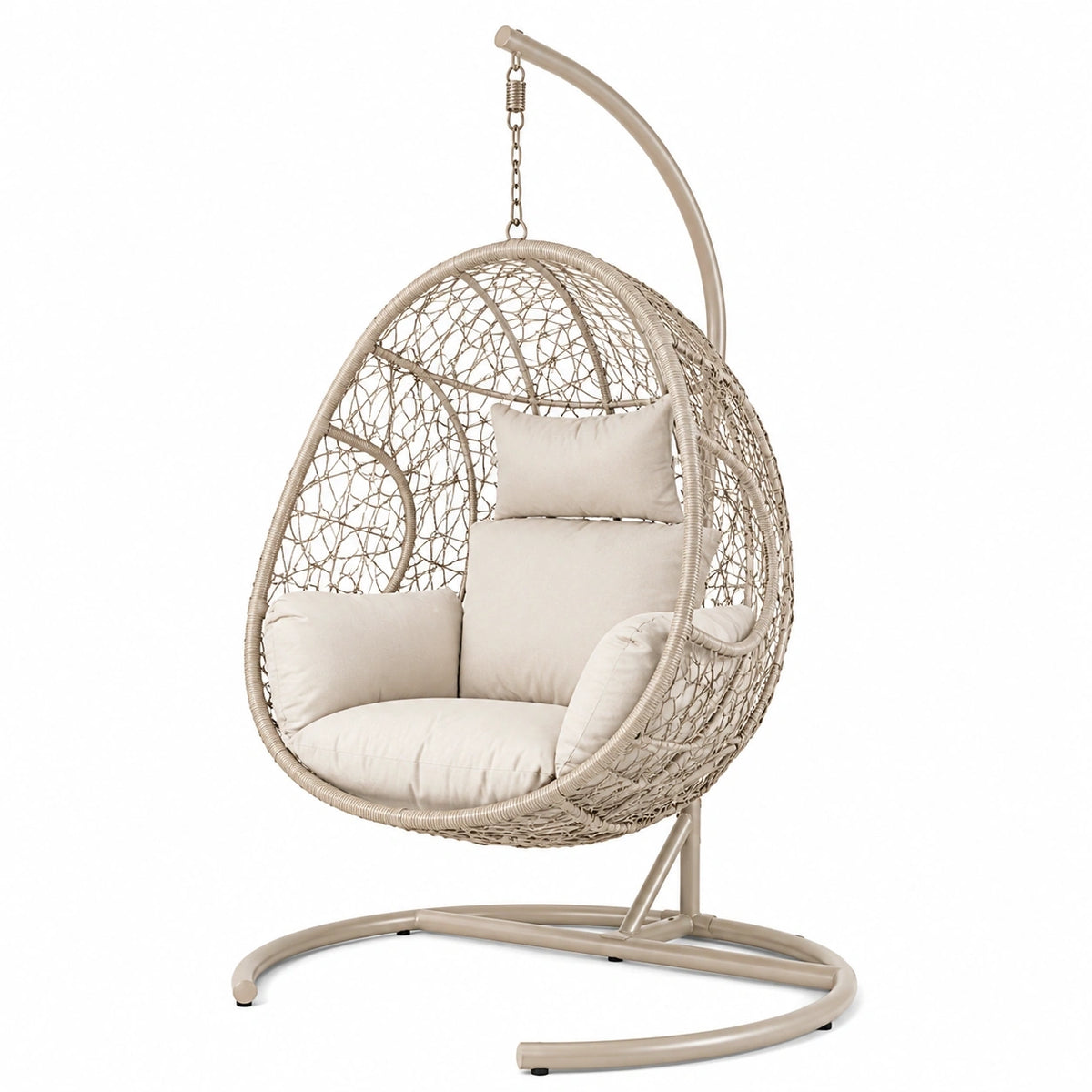 Fauteuil suspendu en métal et résine tressée beige, style bohème, dimensions 105x105x195 cm, par Aqvirel