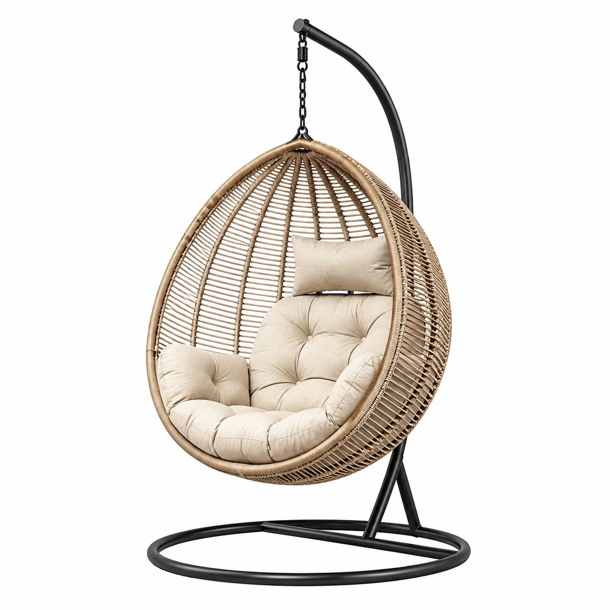 Fauteuil suspendu en fibre tressée beige avec support en acier noir, style bohème, dimensions 105x105x195 cm, marque Aqvirel.