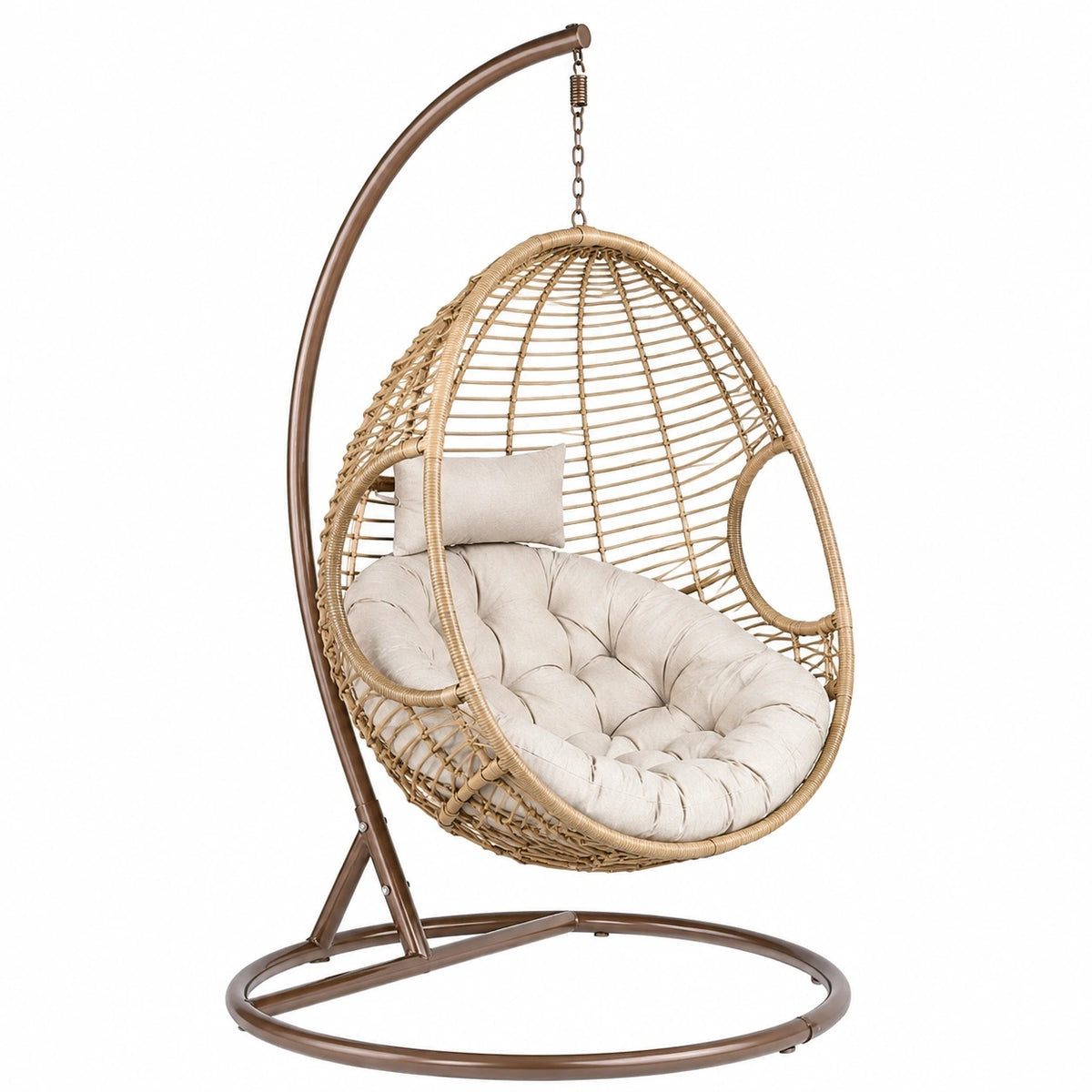 Fauteuil suspendu Aqvirel en métal et fibres tressées brun beige, 105x105x195 cm avec support robuste.