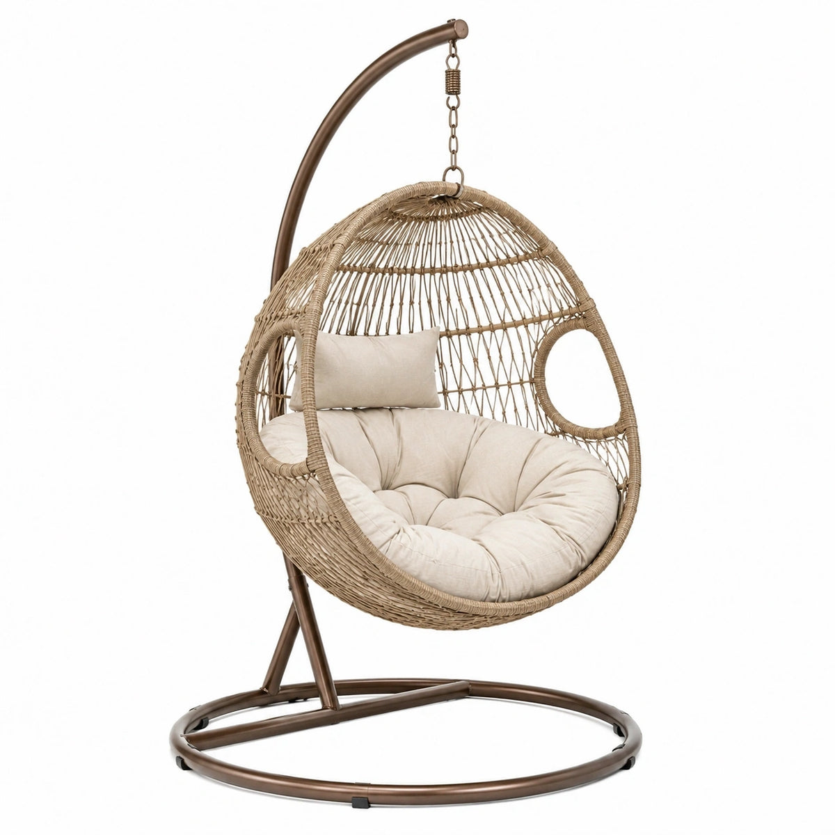 Fauteuil suspendu en rotin beige Aqvirel, 105x105x195 cm, avec support en acier, style bohème, pour intérieur ou extérieur.