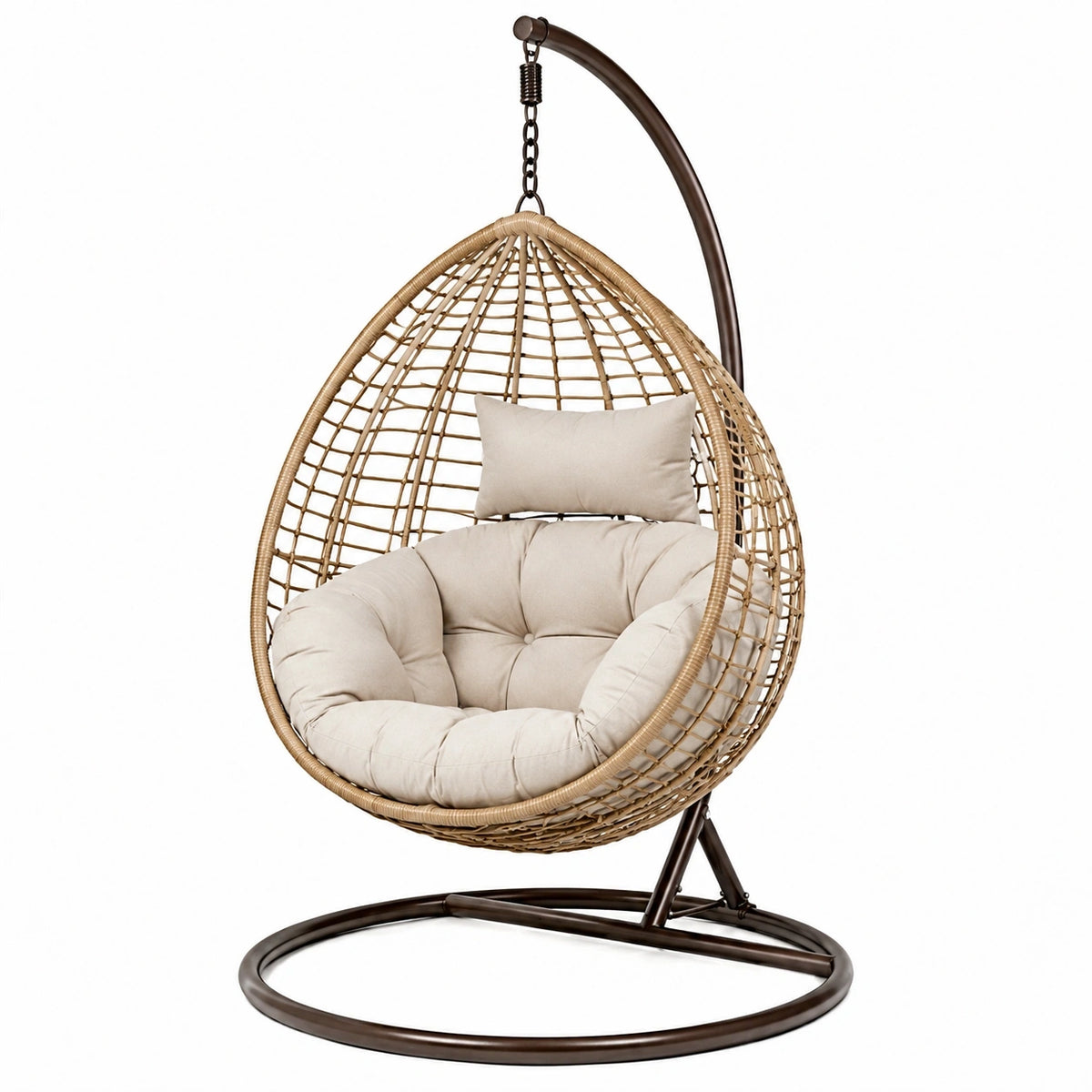 Fauteuil suspendu beige en résine tressée avec support en métal, style bohème, dimensions 105x105x195 cm.