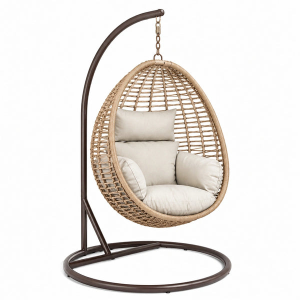 Fauteuil suspendu bohème en fibres tressées beige avec support en métal, dimensions 105x105x195 cm, par Aqvirel.