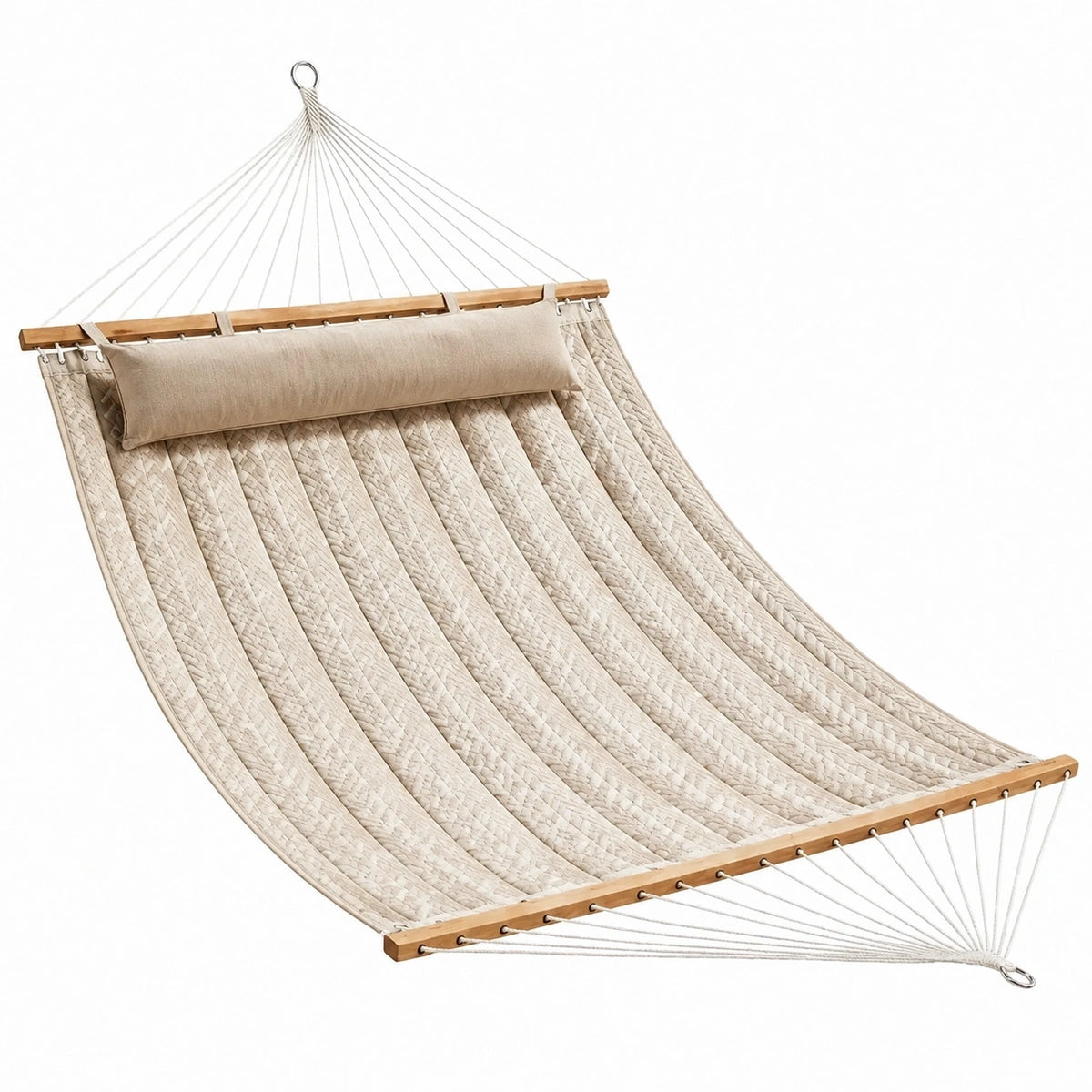 Hamac beige en coton de 320 x 120 cm avec barres en bois, style bohème, pour extérieur, marque Aqvirel.