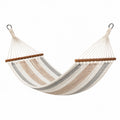 Hamac en coton beige gris Aqvirel de 300 x 100 cm avec barres en bois pour jardin, confortable et résistant.