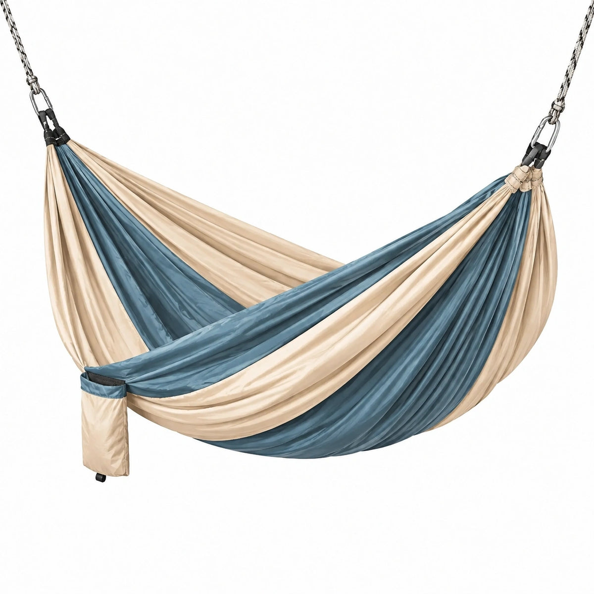 Hamac Aqvirel en tissu bleu pétrole et beige, 300x150 cm avec suspension pour jardin, idéal pour relaxer en extérieur.