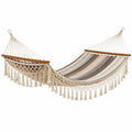 Hamac en coton beige et marron avec franges, 300 x 100 cm, style bohème pour jardin, Aqvirel.