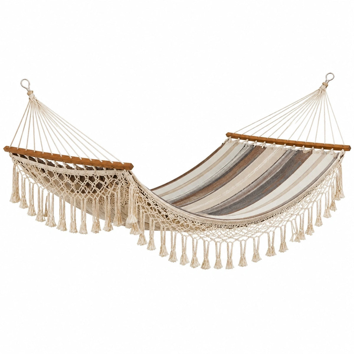 Hamac en coton beige et marron avec franges, 300 x 100 cm, style bohème pour jardin, Aqvirel.