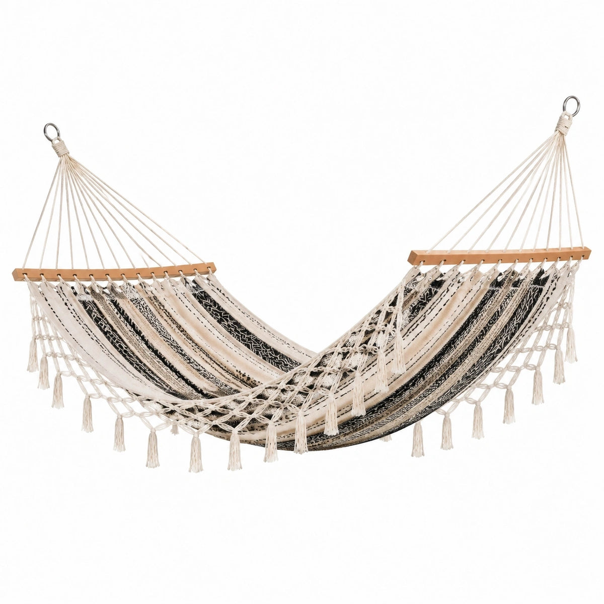 Hamac Aqvirel en textile beige et noir avec franges, 200 x 100 cm, style bohème pour jardin.