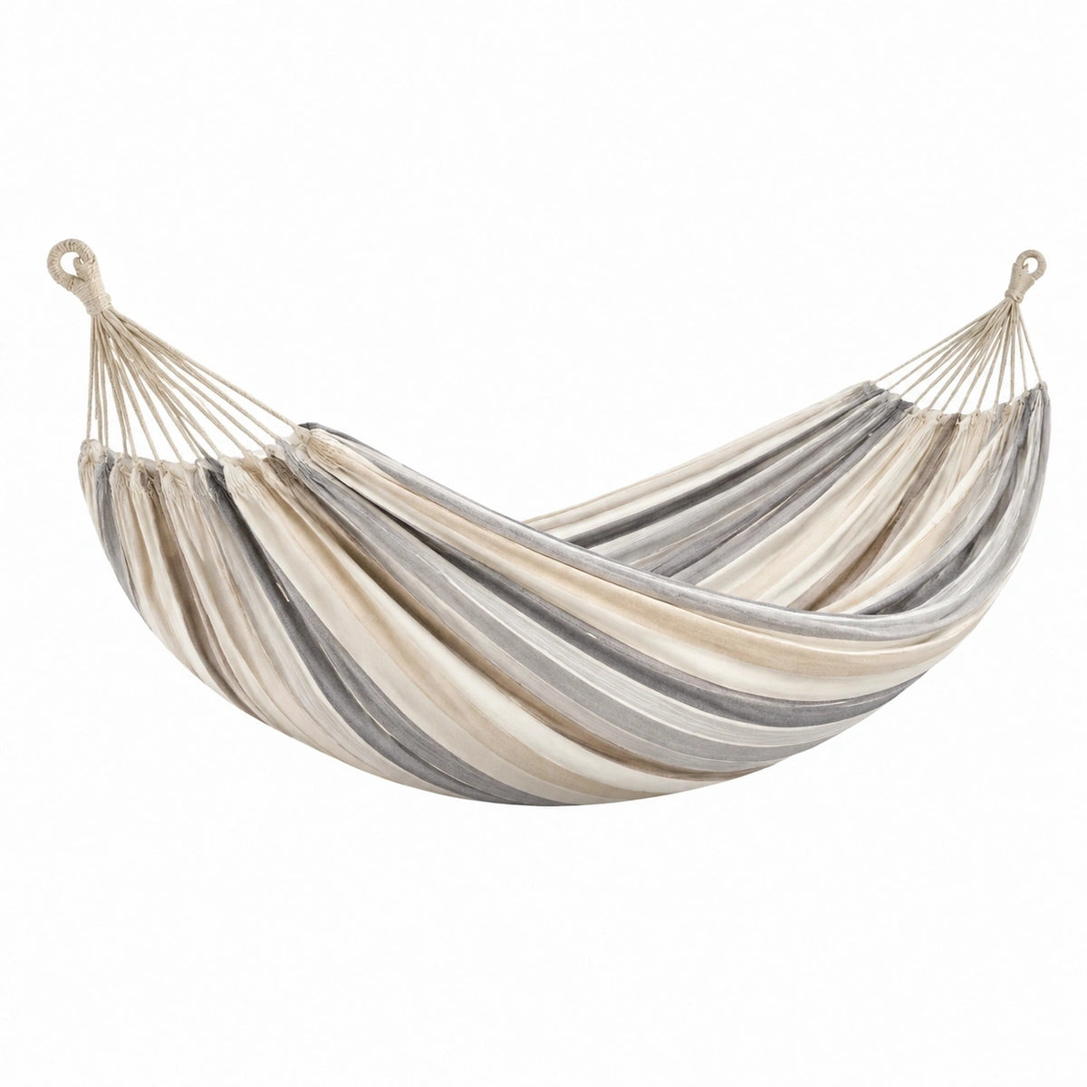 Hamac en coton beige gris de 200x100 cm avec rayures, suspendu pour jardin, par Aqvirel, confortable et idéal pour l'extérieur.